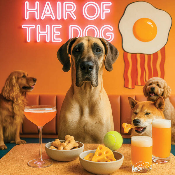 Hair of the Dog Great Dane 003 Ruff & Ready Funny Canine Art neon lights, bacon-woven flair, and egg murals