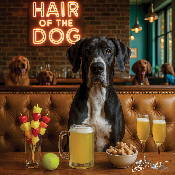Hair of the Dog Great Dane 015 Ruff & Ready Funny Canine Art neon lights, bacon-woven flair, and egg murals