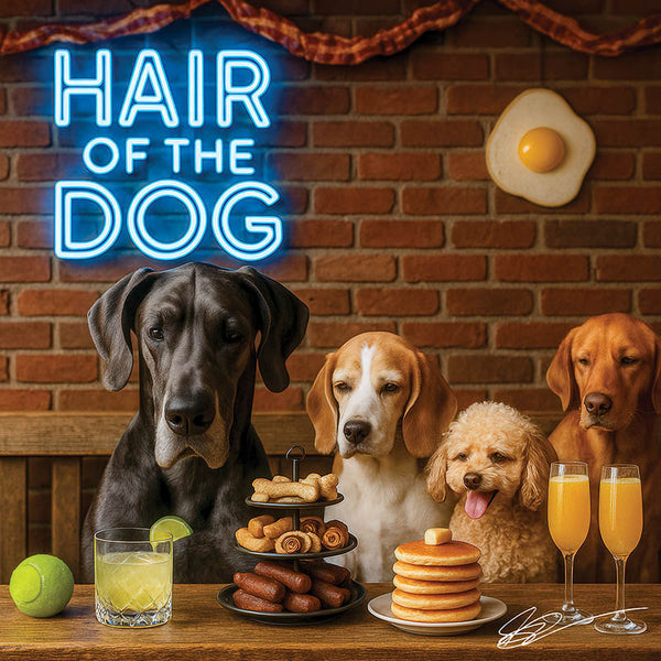 Hair of the Dog Great Dane 018 Ruff & Ready Funny Canine Art neon lights, bacon-woven flair, and egg murals