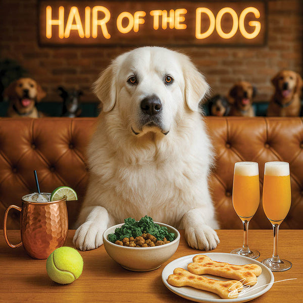 Hair of the Dog Great Pyrenees 001 Ruff & Ready Funny Canine Art neon lights, bacon-woven flair, and egg murals