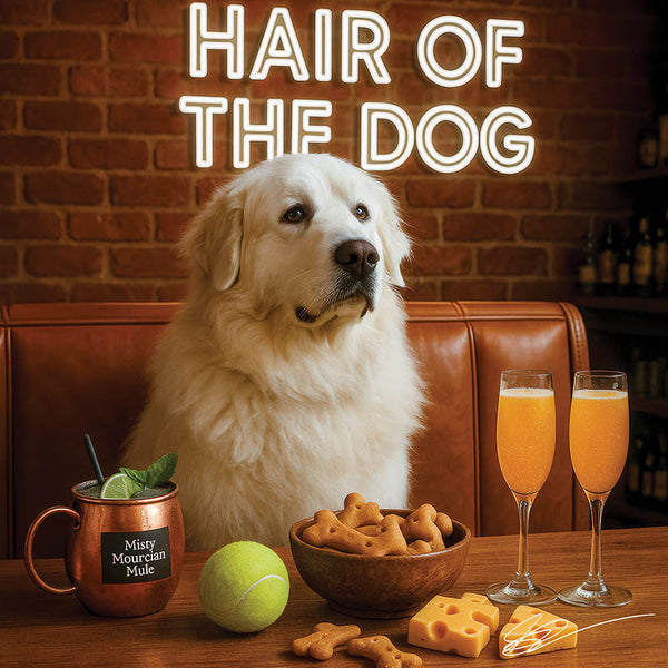 Hair of the Dog Great Pyrenees 008 Ruff & Ready Funny Canine Art neon lights, bacon-woven flair, and egg murals