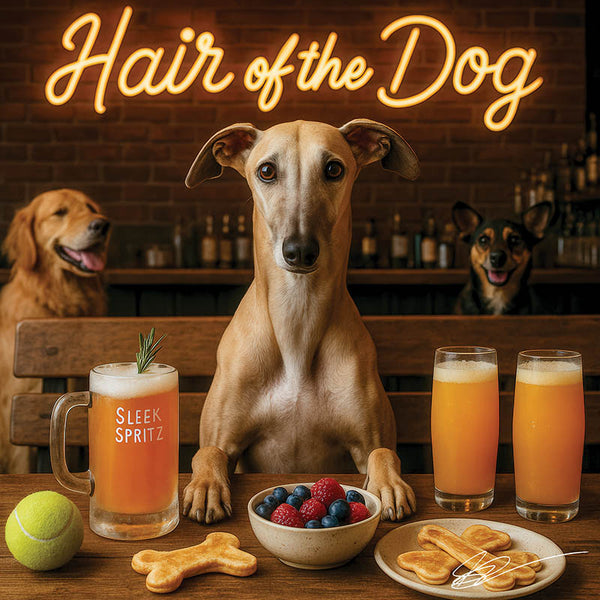 Hair of the Dog Greyhound 002 Ruff & Ready Funny Canine Art neon lights, bacon-woven flair, and egg murals