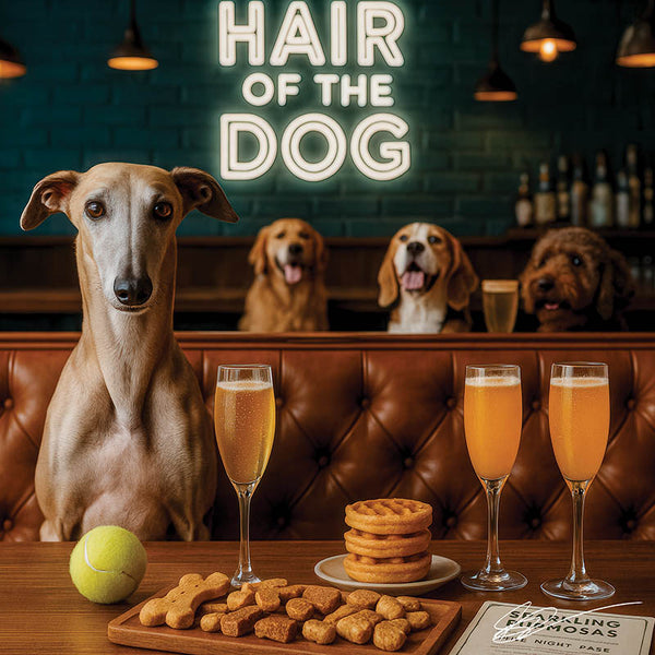 Hair of the Dog Greyhound 004 Ruff & Ready Funny Canine Art neon lights, bacon-woven flair, and egg murals