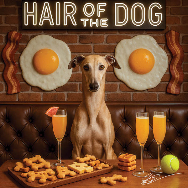 Hair of the Dog Greyhound 010 Ruff & Ready Funny Canine Art neon lights, bacon-woven flair, and egg murals