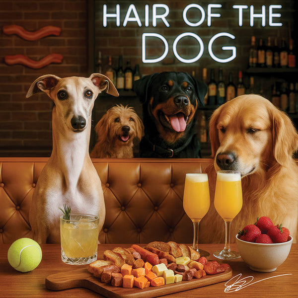 Hair of the Dog Greyhound 012 Ruff & Ready Funny Canine Art neon lights, bacon-woven flair, and egg murals