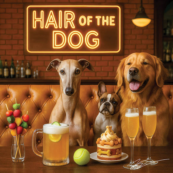 Hair of the Dog Greyhound 013 Ruff & Ready Funny Canine Art neon lights, bacon-woven flair, and egg murals
