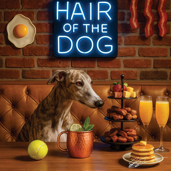 Hair of the Dog Greyhound 016 Ruff & Ready Funny Canine Art neon lights, bacon-woven flair, and egg murals