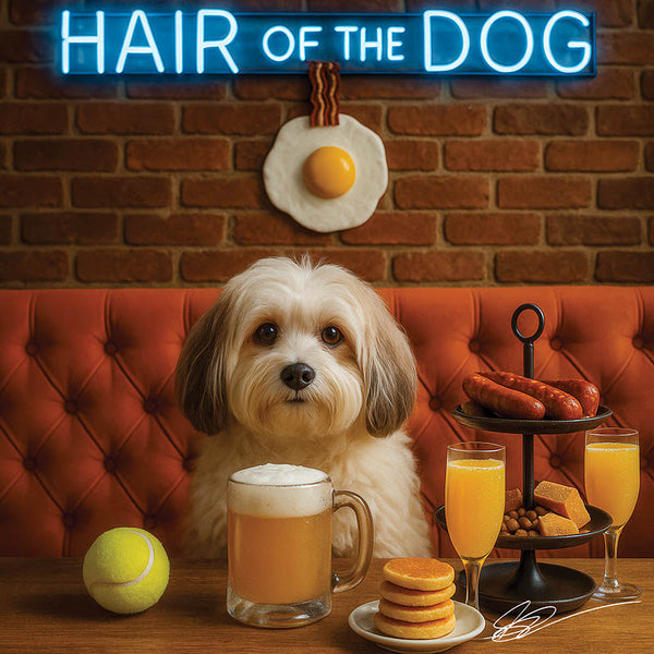Hair of the Dog Havanese 004 Ruff & Ready Funny Canine Art neon lights, bacon-woven flair, and egg murals