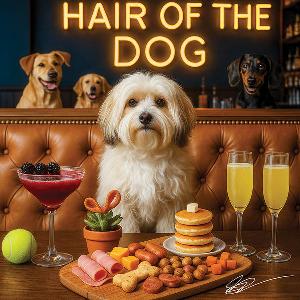 Hair of the Dog Havanese 016 Ruff & Ready Funny Canine Art neon lights, bacon-woven flair, and egg murals