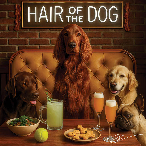 Hair of the Dog Irish Setter 002 Ruff & Ready Funny Canine Art neon lights, bacon-woven flair, and egg murals