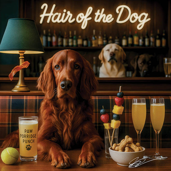 Hair of the Dog Irish Setter 006 Ruff & Ready Funny Canine Art neon lights, bacon-woven flair, and egg murals