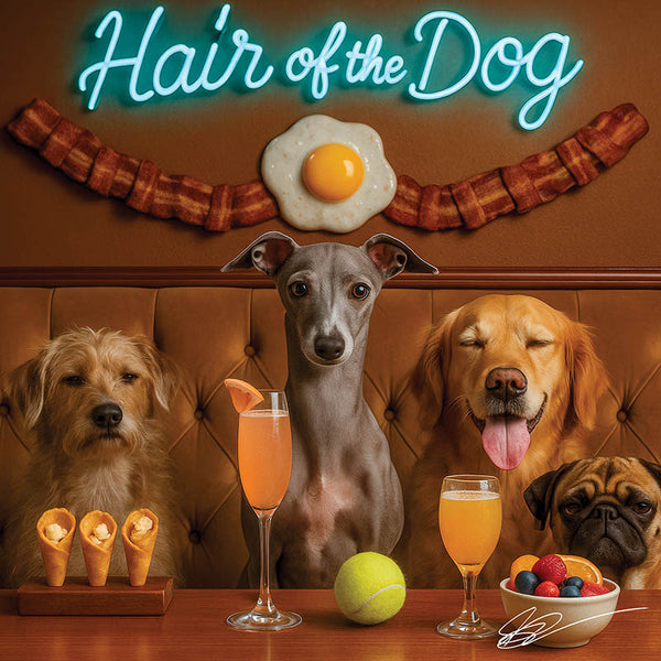 Hair of the Dog Italian Greyhound 008 Ruff & Ready Funny Canine Art neon lights, bacon-woven flair, and egg murals