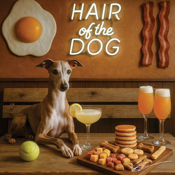 Hair of the Dog Italian Greyhound 010 Ruff & Ready Funny Canine Art neon lights, bacon-woven flair, and egg murals
