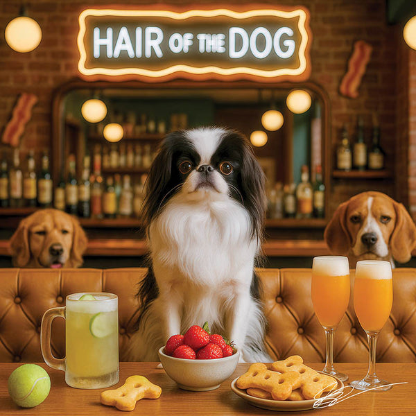 Hair of the Dog Japanese Chin 001 Ruff & Ready Funny Canine Art neon lights, bacon-woven flair, and egg murals
