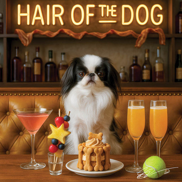 Hair of the Dog Japanese Chin 009 Ruff & Ready Funny Canine Art neon lights, bacon-woven flair, and egg murals