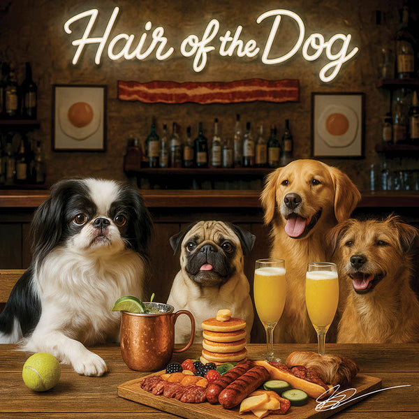 Hair of the Dog Japanese Chin 016 Ruff & Ready Funny Canine Art neon lights, bacon-woven flair, and egg murals