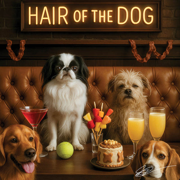 Hair of the Dog Japanese Chin 017 Ruff & Ready Funny Canine Art neon lights, bacon-woven flair, and egg murals