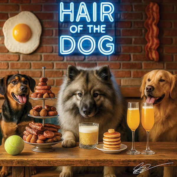 Hair of the Dog Keeshond 003 Ruff & Ready Funny Canine Art neon lights, bacon-woven flair, and egg murals
