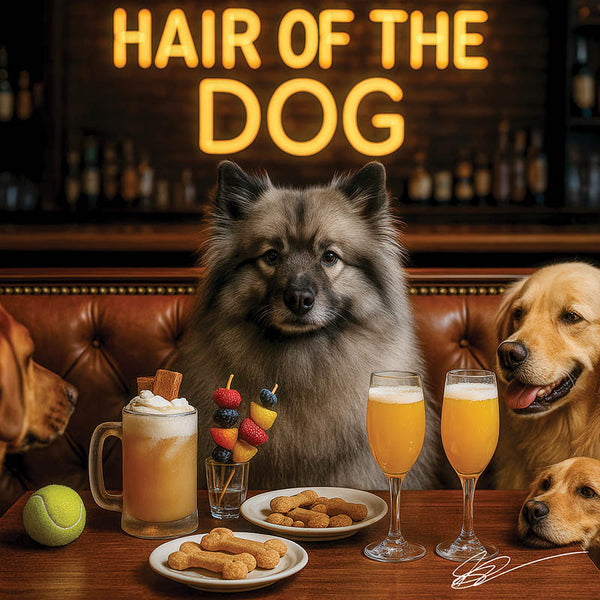 Hair of the Dog Keeshond 014 Ruff & Ready Funny Canine Art neon lights, bacon-woven flair, and egg murals