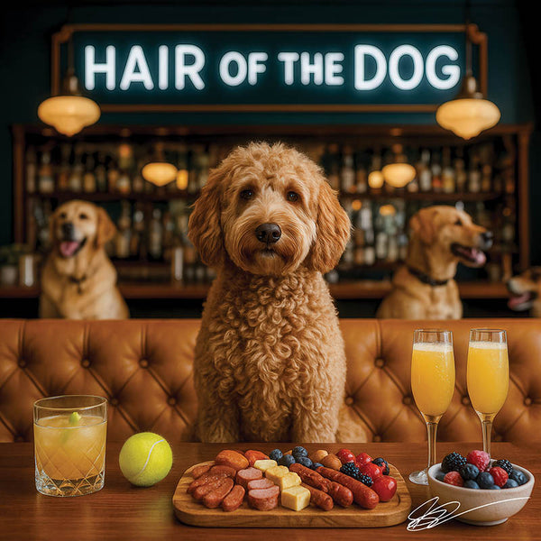 Hair of the Dog Labradoodle 011 Ruff & Ready Funny Canine Art neon lights, bacon-woven flair, and egg murals