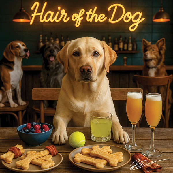 Hair of the Dog Labrador Retriever 001 Ruff & Ready Funny Canine Art neon lights, bacon-woven flair, and egg murals