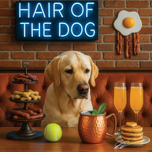 Hair of the Dog Labrador Retriever 003 Ruff & Ready Funny Canine Art neon lights, bacon-woven flair, and egg murals