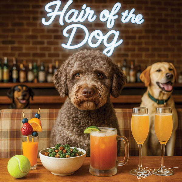 Hair of the Dog Lagotto Romagnol 011 Ruff & Ready Funny Canine Art neon lights, bacon-woven flair, and egg murals