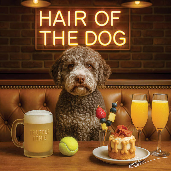 Hair of the Dog Lagotto Romagnol 014 Ruff & Ready Funny Canine Art neon lights, bacon-woven flair, and egg murals