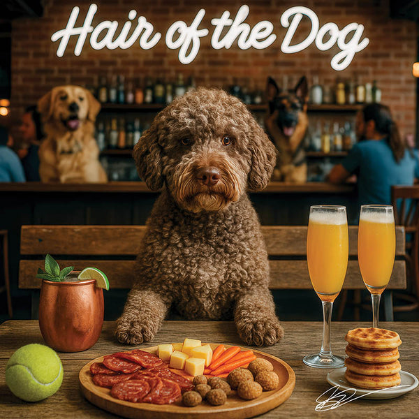 Hair of the Dog Lagotto Romagnol 016 Ruff & Ready Funny Canine Art neon lights, bacon-woven flair, and egg murals