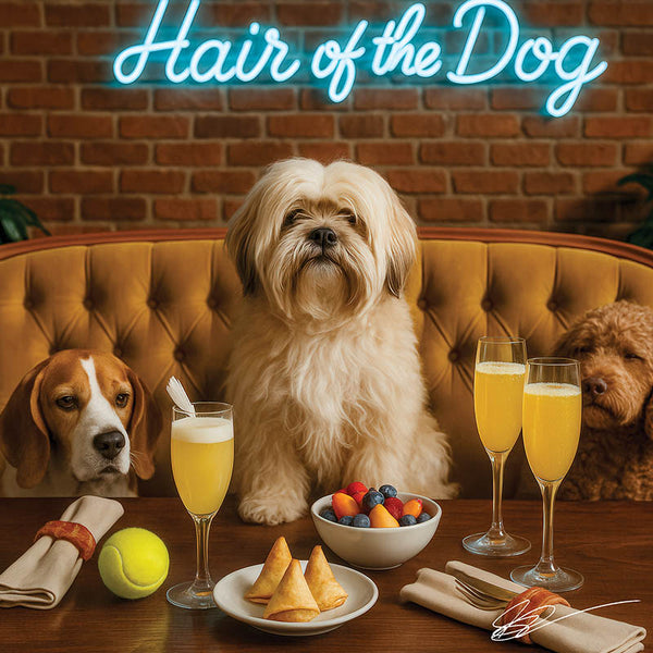 Hair of the Dog Lhasa Apso 011 Ruff & Ready Funny Canine Art neon lights, bacon-woven flair, and egg murals