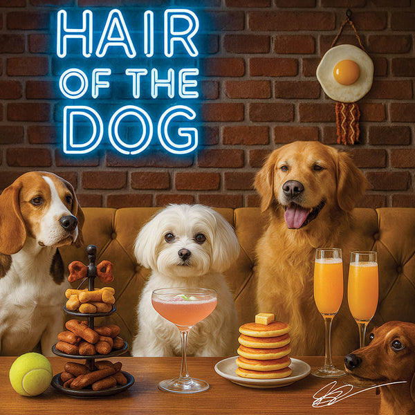 Hair of the Dog Maltese 002 Ruff & Ready Funny Canine Art neon lights, bacon-woven flair, and egg murals