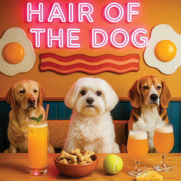 Hair of the Dog Maltese 004 Ruff & Ready Funny Canine Art neon lights, bacon-woven flair, and egg murals