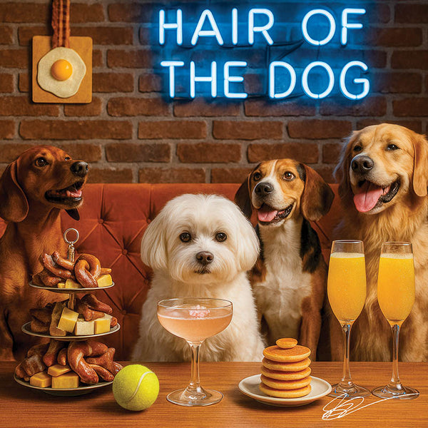 Hair of the Dog Maltese 010 Ruff & Ready Funny Canine Art neon lights, bacon-woven flair, and egg murals