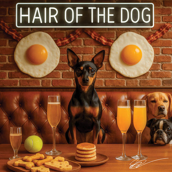 Hair of the Dog Miniature Pinscher 003 Ruff & Ready Funny Canine Art neon lights, bacon-woven flair, and egg murals