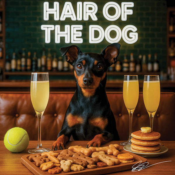 Hair of the Dog Miniature Pinscher 007 Ruff & Ready Funny Canine Art neon lights, bacon-woven flair, and egg murals