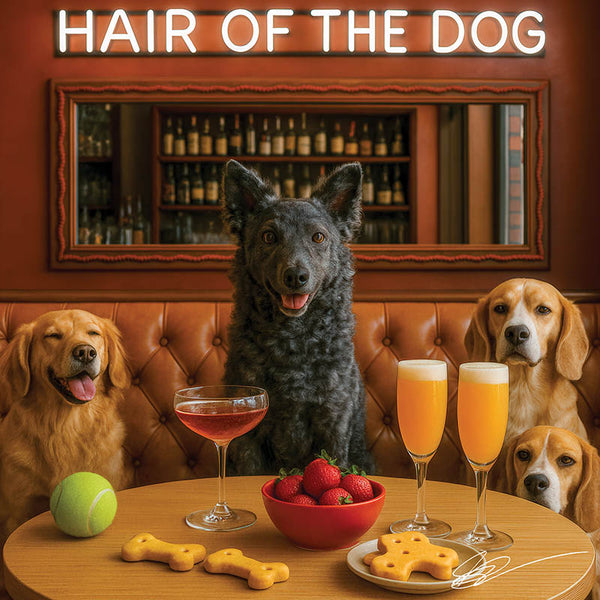 Hair of the Dog Mudi 009 Ruff & Ready Funny Canine Art neon lights, bacon-woven flair, and egg murals