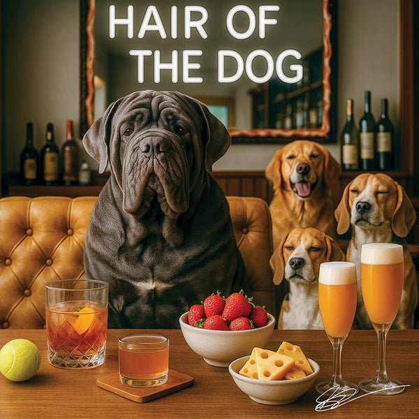 Hair of the Dog Neapolitan Mastiff 002 Ruff & Ready Funny Canine Art neon lights, bacon-woven flair, and egg murals