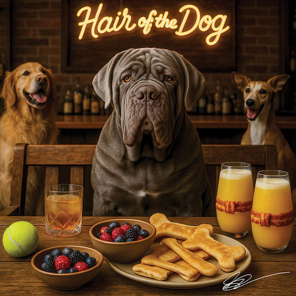 Hair of the Dog Neapolitan Mastiff 004 Ruff & Ready Funny Canine Art neon lights, bacon-woven flair, and egg murals