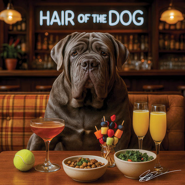 Hair of the Dog Neapolitan Mastiff 006 Ruff & Ready Funny Canine Art neon lights, bacon-woven flair, and egg murals