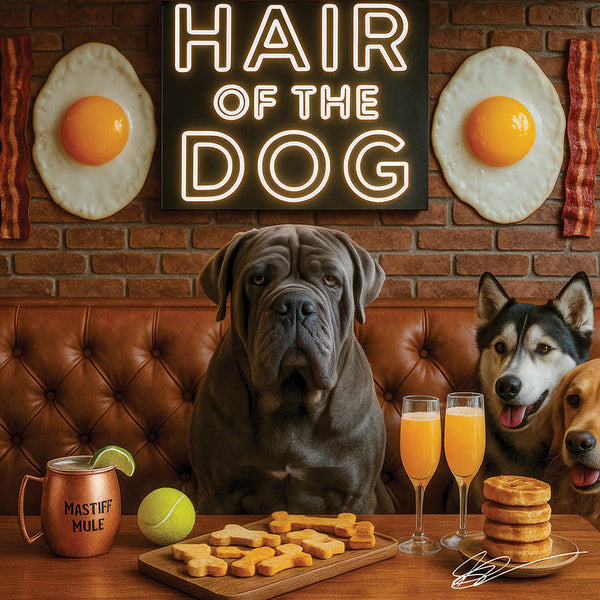 Hair of the Dog Neapolitan Mastiff 008 Ruff & Ready Funny Canine Art neon lights, bacon-woven flair, and egg murals
