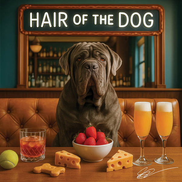 Hair of the Dog Neapolitan Mastiff 014 Ruff & Ready Funny Canine Art neon lights, bacon-woven flair, and egg murals