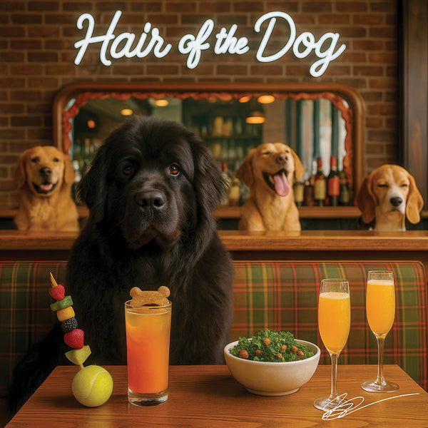 Hair of the Dog Newfoundland 002 Ruff & Ready Funny Canine Art neon lights, bacon-woven flair, and egg murals