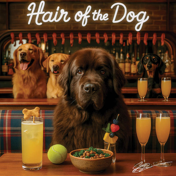 Hair of the Dog Newfoundland 006 Ruff & Ready Funny Canine Art neon lights, bacon-woven flair, and egg murals