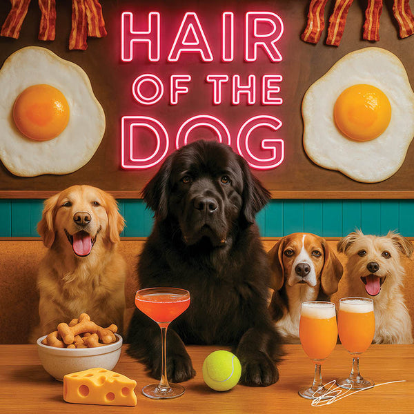 Hair of the Dog Newfoundland 007 Ruff & Ready Funny Canine Art neon lights, bacon-woven flair, and egg murals