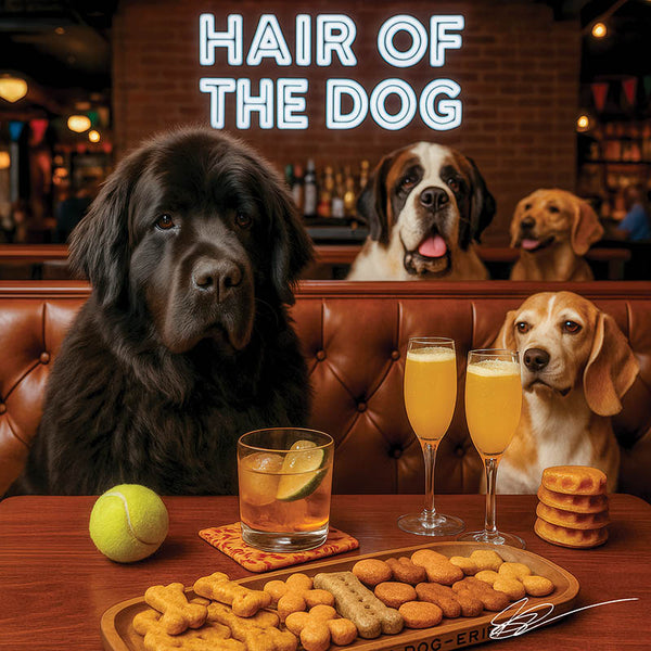 Hair of the Dog Newfoundland 009 Ruff & Ready Funny Canine Art neon lights, bacon-woven flair, and egg murals