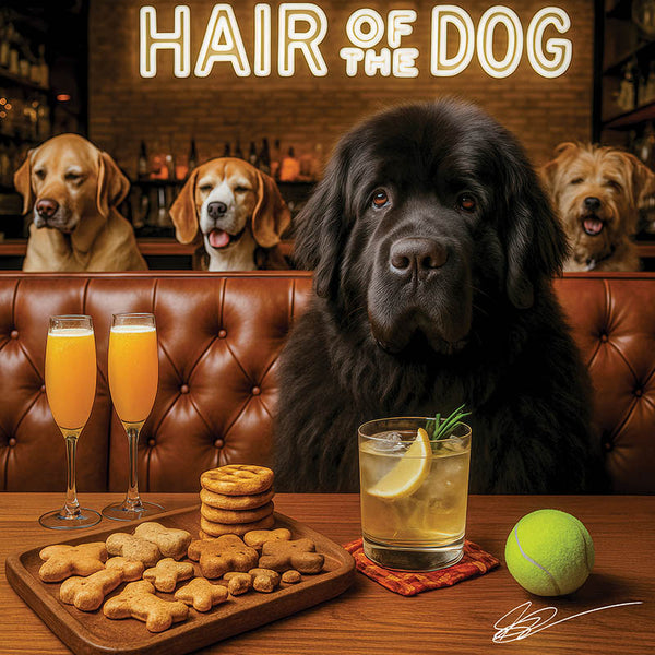 Hair of the Dog Newfoundland 010 Ruff & Ready Funny Canine Art neon lights, bacon-woven flair, and egg murals