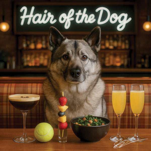 Sunrise Snout shines with Norwegian Elkhound 002 under neon lights, bacon-woven flair, and egg murals. Ruff, ready, ridiculously fun dog art on metal!