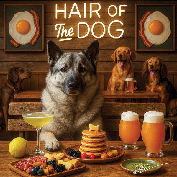 Sunrise Snout shines with Norwegian Elkhound 009 under neon lights, bacon-woven flair, and egg murals. Ruff, ready, ridiculously fun dog art on metal!
