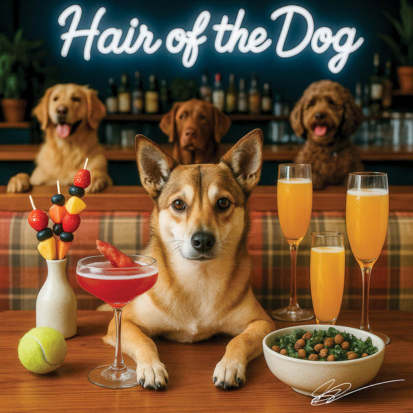Norwegian Lundehund 005 sitting at a bar with drinks and snacks, with 'Hair of the Dog' text above.
