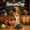 Norwegian Lundehund 011 in a bar setting with drinks and food, 'Hair of the Dog' neon sign.